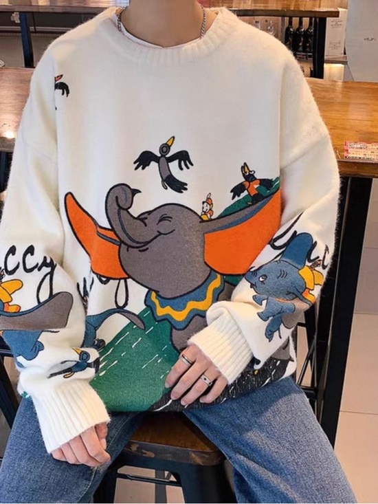Cream Cartoon Elephant Oversized Sweater with Orange Accents - Picture 4 of 7